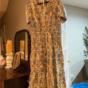 Uncle Frank Yellow Floral Tiered Midi Dress with Blue Print